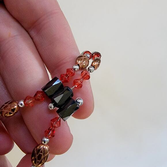 Vintage Beaded Necklace with Black Faceted Beads Amber Ovals and Red Crystals - Picture 5 of 10